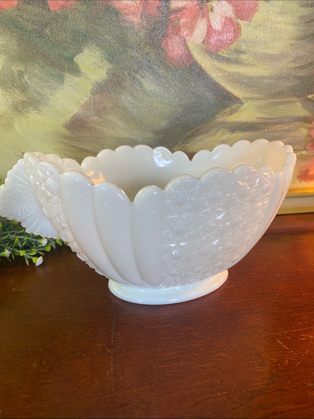 Vintage Fenton Daisy and Button Milk Glass Footed Oval Serving Bowl